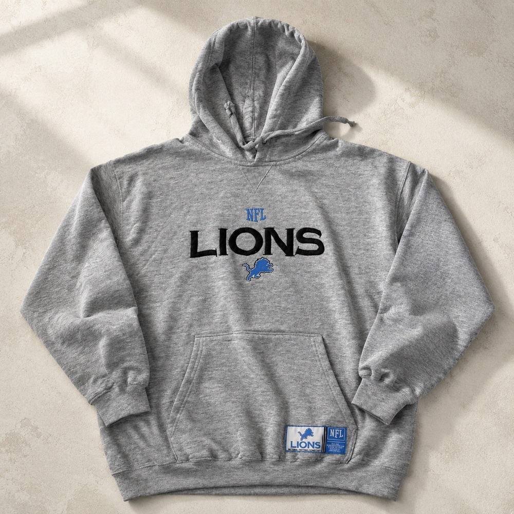 Vintage Detroit Lions NFL Hoodie Gray Embroidered Football Sweatshirt Size L